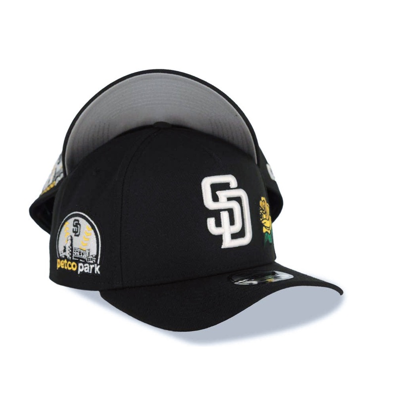San Diego Padres New Era MLB 9FORTY 940 Adjustable A-Frame Cap Hat Black Crown/Visor White Logo With Yellow Rose 10th Anniversary Petco Park Side Patch