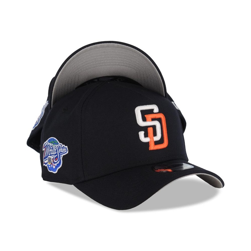San Diego Padres New Era MLB 9FORTY 940 Adjustable A-Frame Cap Hat Navy Blue Crown/Visor White/Orange Logo 1998 World Series Side Patch