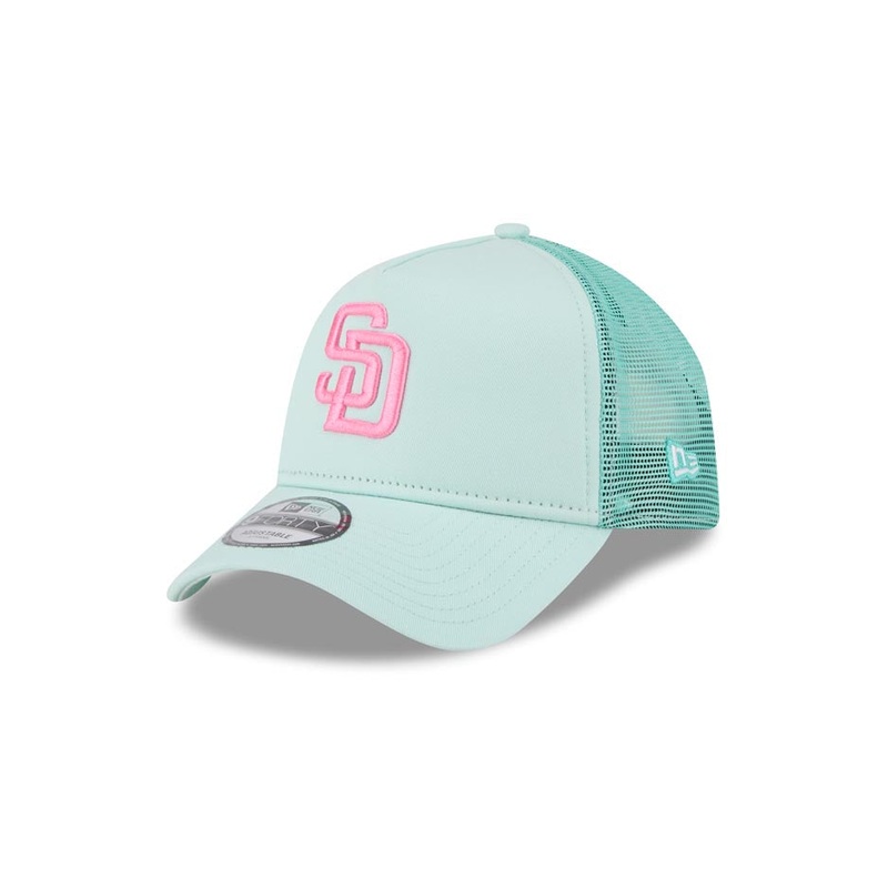 San Diego Padres New Era MLB 9FORTY 940 Adjustable A-Frame Mesh/Trucker Cap Hat Light Teal Crown/Visor Magenta Logo (2022 City Connect)
