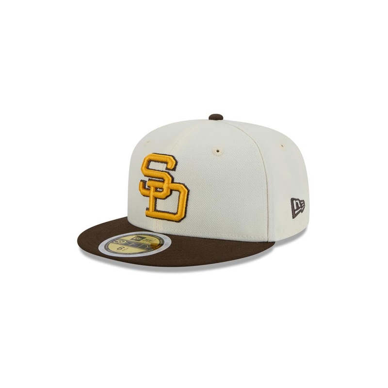 (Youth) San Diego Padres New Era MLB 59FIFTY 5950 Kid Fitted Cap Hat Cream Crown Brown Visor Yellow/Brown Cooperstown Logo