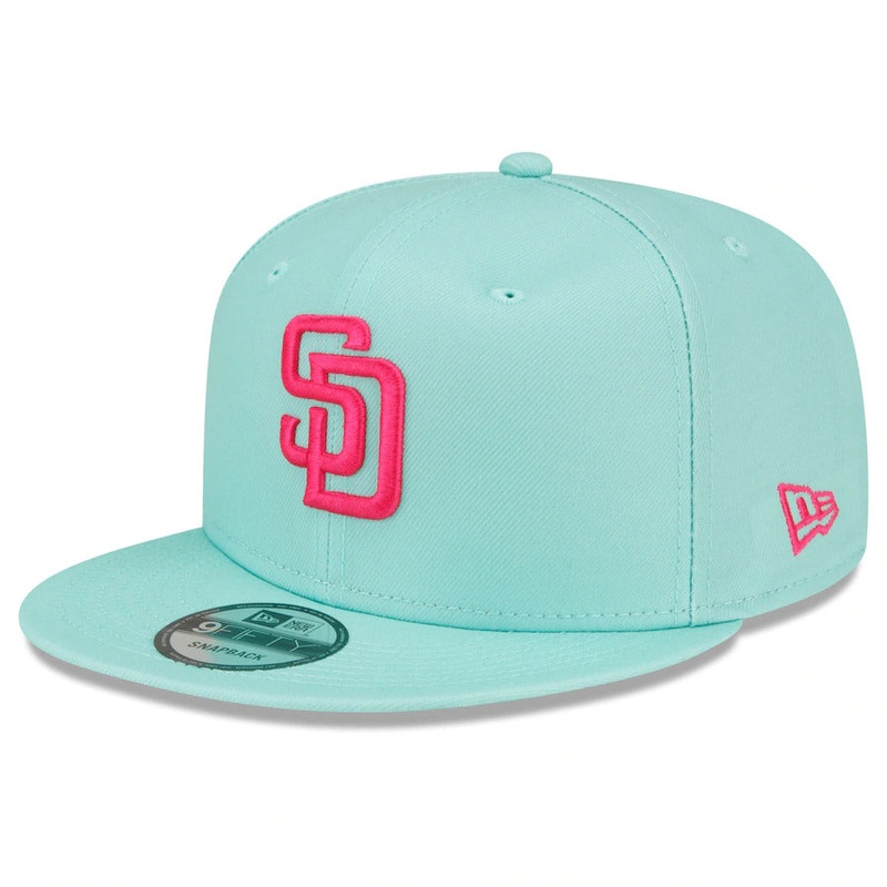 (Youth) San Diego Padres New Era MLB 9FIFTY 950 Kid Snapback Cap Hat Light Teal Crown/Visor Magenta Logo (2022 City Connect)