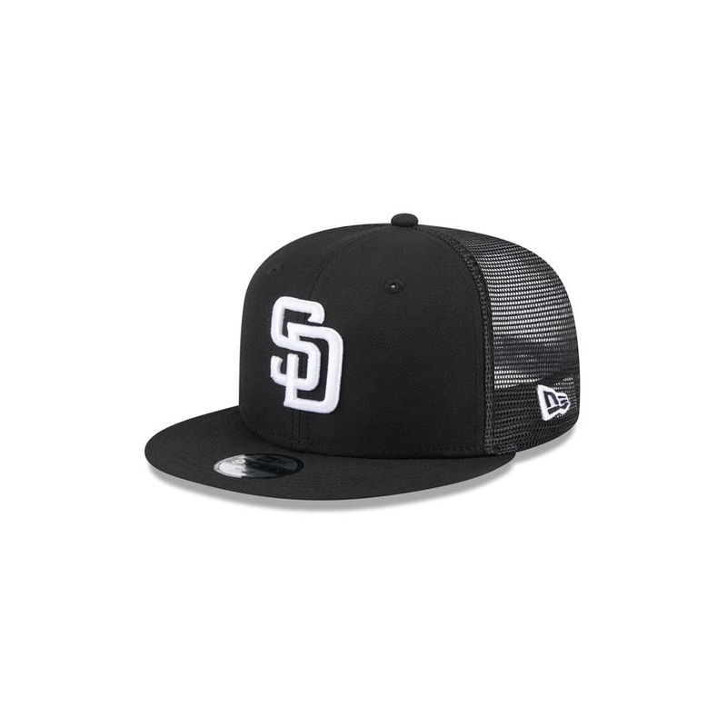 (Youth) San Diego Padres New Era MLB 9FIFTY 950 Kid Snapback Mesh/Trucker Cap Hat Black Crown/Visor White Logo