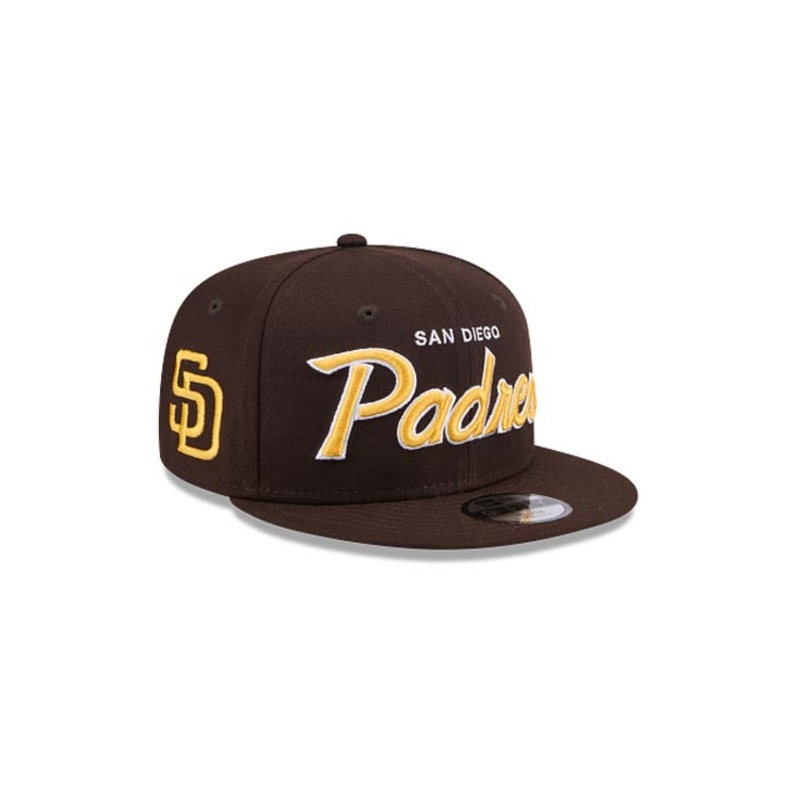 (Youth) San Diego Padres New Era MLB 9FIFTY 950 Snapback Cap Hat Brown Crown/Visor White/Yellow Text/Script Logo SD Side Patch