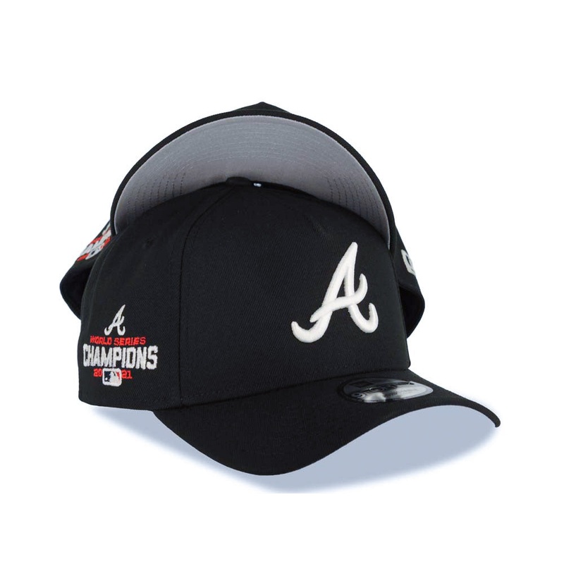 Atlanta Braves New Era MLB 9FORTY 940 Adjustable A-Frame Cap Hat Black Crown/Visor White Logo 2021 World Series Champions Side Patch