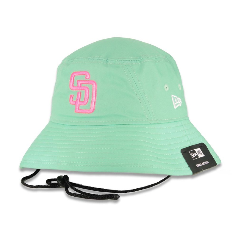 (City Connect) San Diego Padres New Era MLB Bucket Cap Hat Teal Crown/Visor Magenta Logo