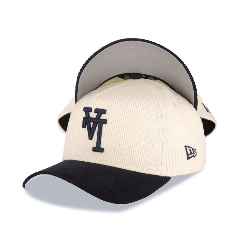 (Corduroy Crown) Los Angeles Dodgers New Era MLB 9FORTY 940 Adjustable A-Frame Cap Hat Cream Crown Navy Blue Visor Black Upside Down Logo Gray UV