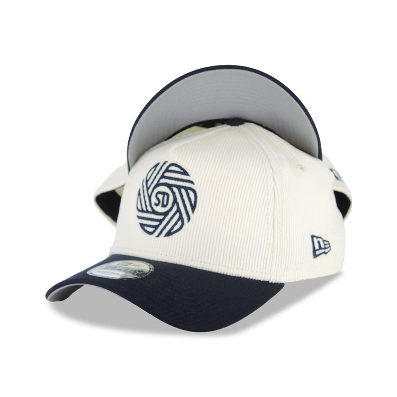 (Corduroy Crown) San Diego FC New Era MLS 9FORTY 940 Adjustable A-Frame Cap Hat Cream Crown Navy Blue Visor Navy Blue Logo