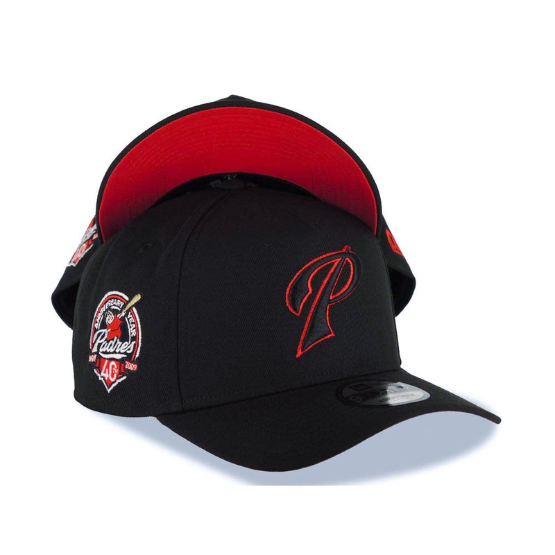 San Diego Padres New Era MLB 9FORTY 940 Adjustable A-Frame Cap Hat Black Crown/Visor Black/Red P Logo 40th Anniversary Side Patch Red UV