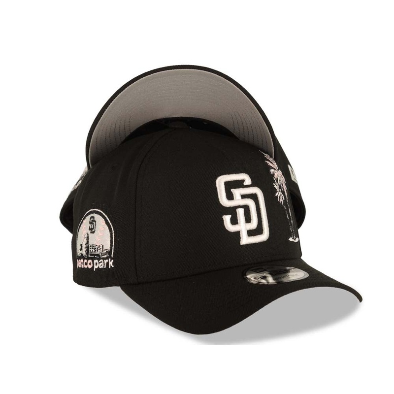 San Diego Padres New Era MLB 9FORTY 940 Adjustable A-Frame Cap Hat Black Crown/Visor White Logo With Pink Palm Petco Park Side Patch Gray UV