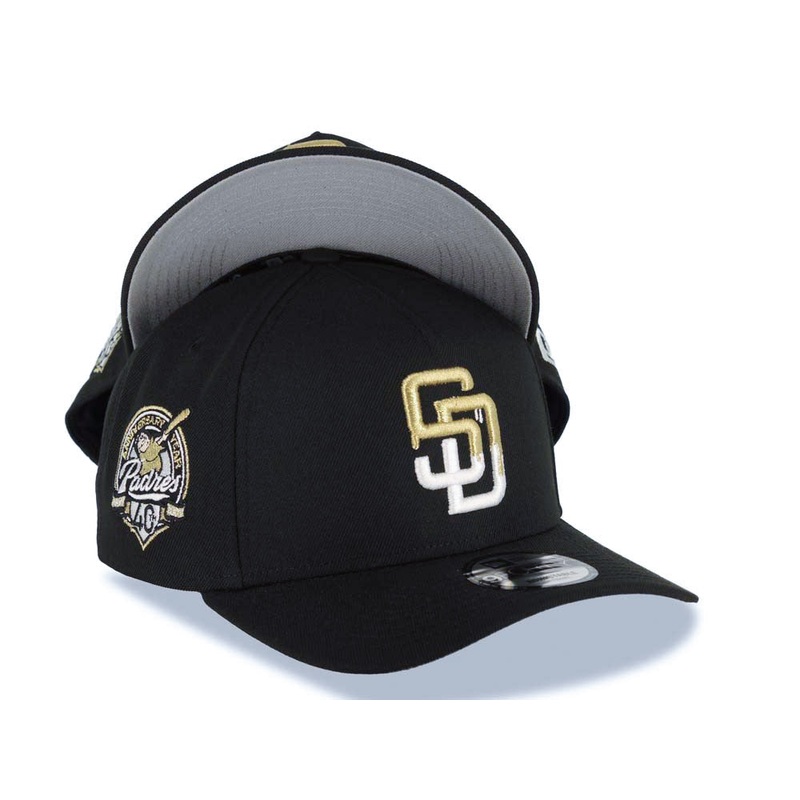 San Diego Padres New Era MLB 9FORTY 940 Adjustable A-Frame Cap Hat Black Crown/Visor White/Metallic Gold Drip Logo 40th Anniversary Side Patch