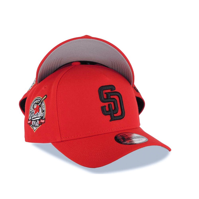 San Diego Padres New Era MLB 9FORTY 940 Adjustable A-Frame Cap Hat Red Crown/Visor Black Logo 40th Anniversary Side Patch Gray UV