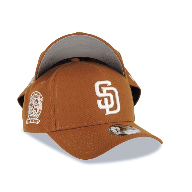 San Diego Padres New Era MLB 9FORTY 940 Adjustable Cap Hat Brown Crown/Visor White Logo 25th Anniversary Side Patch Gray UV