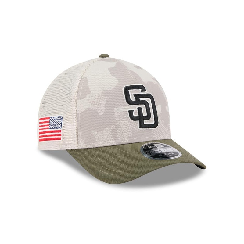 San Diego Padres New Era MLB 9FORTY 940 Adjustable M-Crown Mesh Cap Hat White Camo Crown Olive Green Visor Black/White Logo (2025 Armed Forces Day)