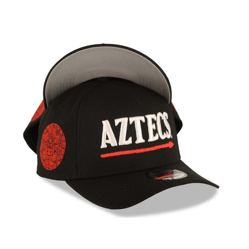 San Diego State Aztecs New Era NCAA 9FORTY 940 Adjustable A-Frame Cap Hat Black Crown/Visor White/Red Logo Calendar Crest Side Patch Gray UV