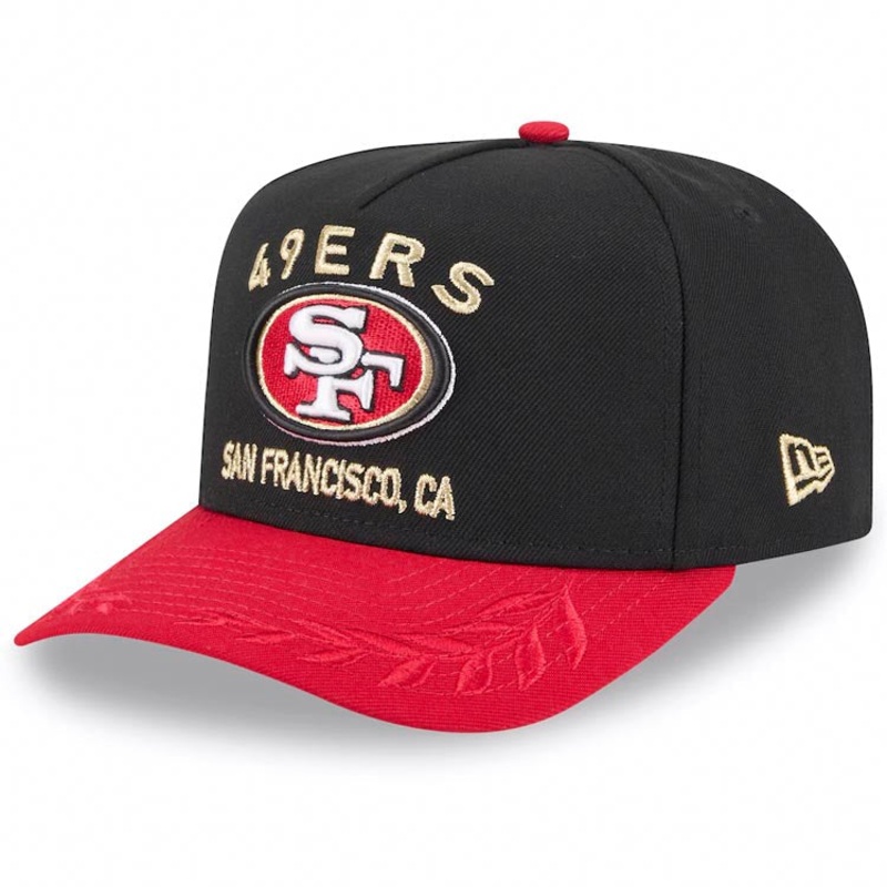San Francisco 49ers New Era NFL 9FIFTY 950 A-Frame Snapback Cap Hat Black Crown Red Visor Team Color with Text Logo (2025 Draft)