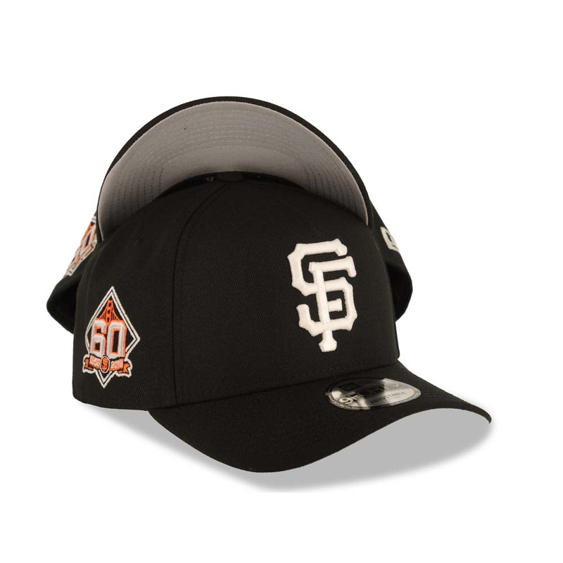 San Francisco Giants New Era 9FORTY 940 Adjustable A-Frame Cap Hat Black Crown/Visor White Logo 60th Anniversary Side Patch Gray UV