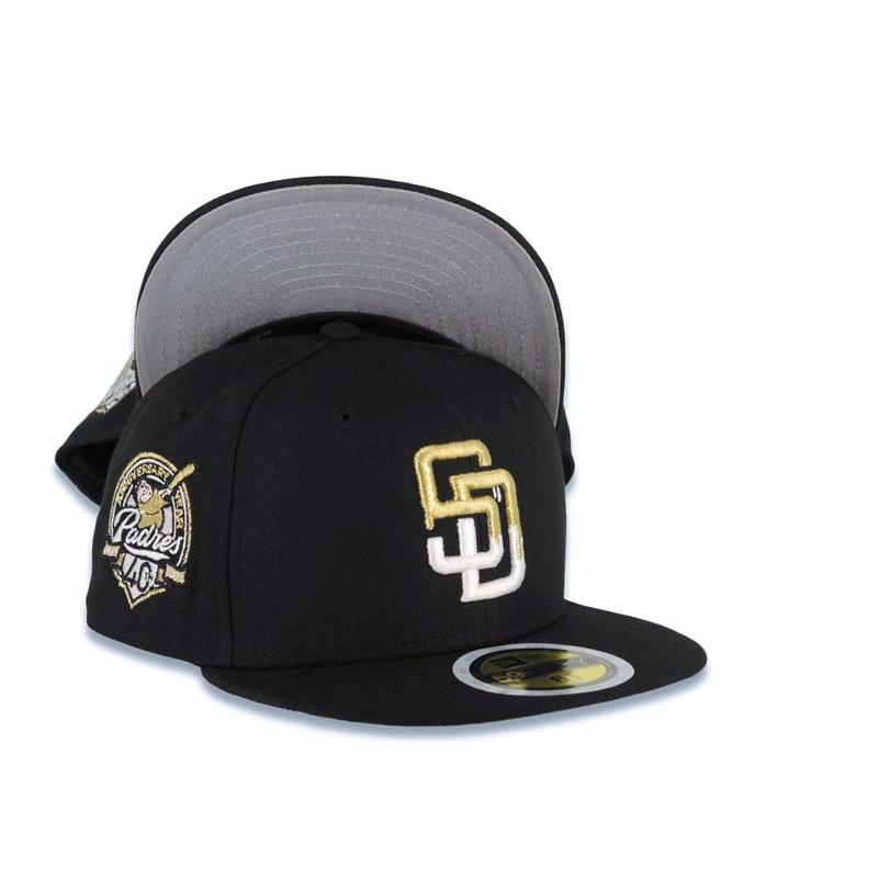 (Youth) San Diego Padres New Era MLB 59FIFTY 5950 Kid Fitted Cap Hat Black Crown/Visor White/Metallic Gold Drip Paint Logo 40th Anniversary Side Patch