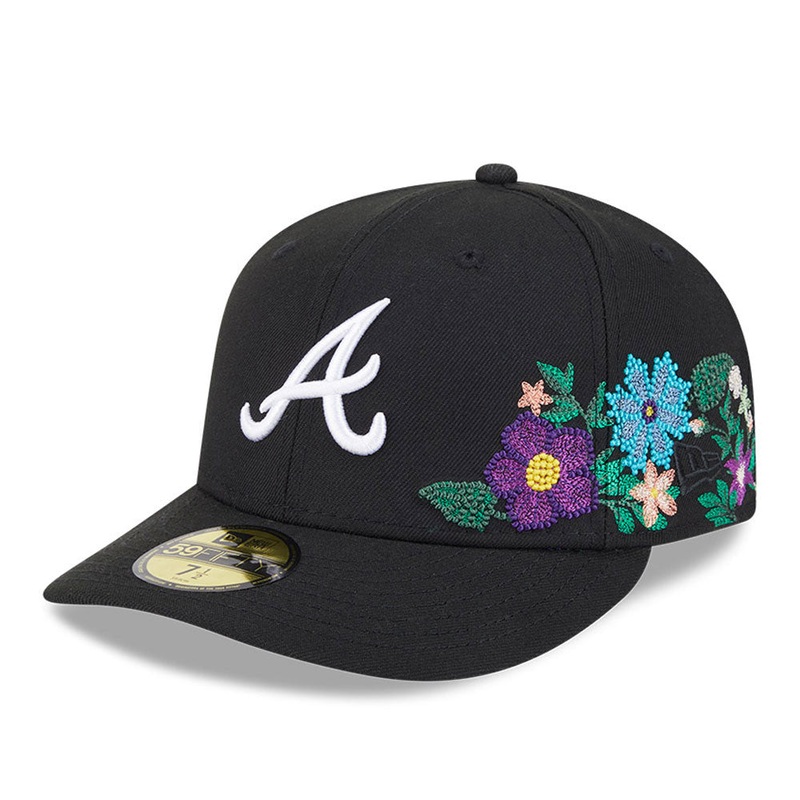 Atlanta Braves New Era MLB 59FIFTY 5950 Fitted Cap Hat Black Crown/Visor White Logo Green UV (Tonal Florals)