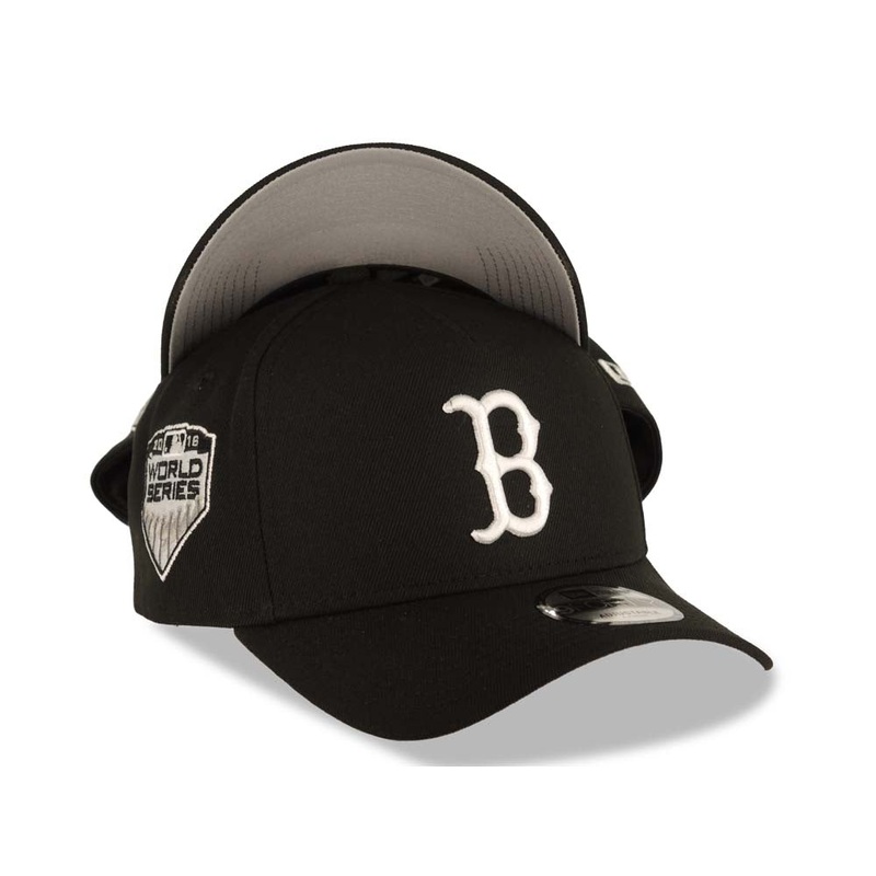Boston Red Sox New Era MLB 9FORTY 940 Adjustable A-Frame Cap Hat Black Crown/Visor White Logo 2018 World Series Side Patch Gray UV