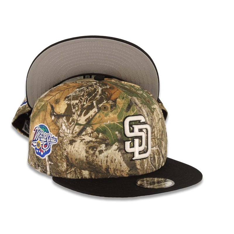 San Diego Padres New Era MLB 9FIFTY 950 Snapback Cap Hat Real Tree Edge Camo Crown Black Visor White/Black Logo 1998 World Series Side Patch