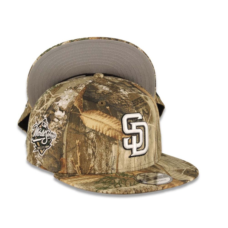 San Diego Padres New Era MLB 9FIFTY 950 Snapback Cap Hat Real Tree Edge Camo Crown/Visor White/Black Logo 1998 World Series Side Patch
