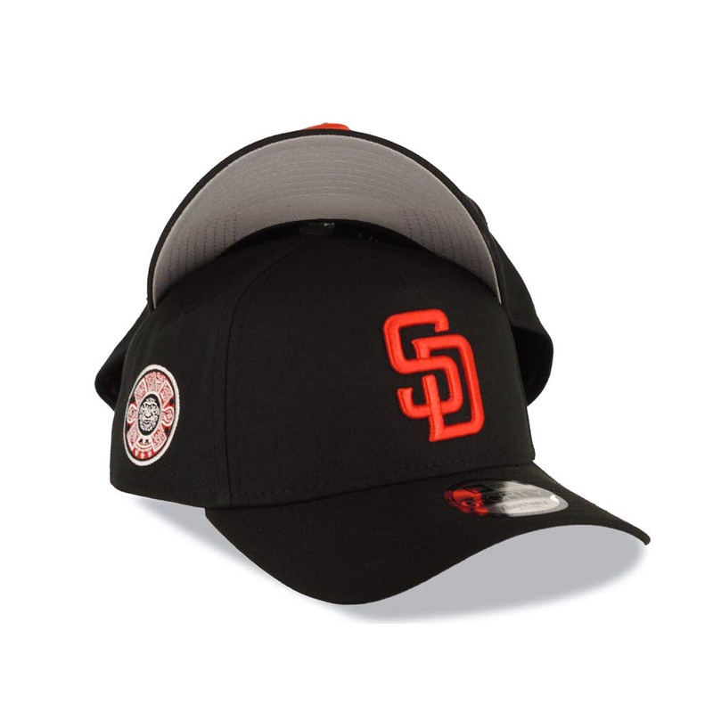 San Diego Padres New Era MLB 9FORTY 940 Adjustable A-Frame Cap Hat Black Crown/Visor Red Logo Calender Side Patch Gray UV