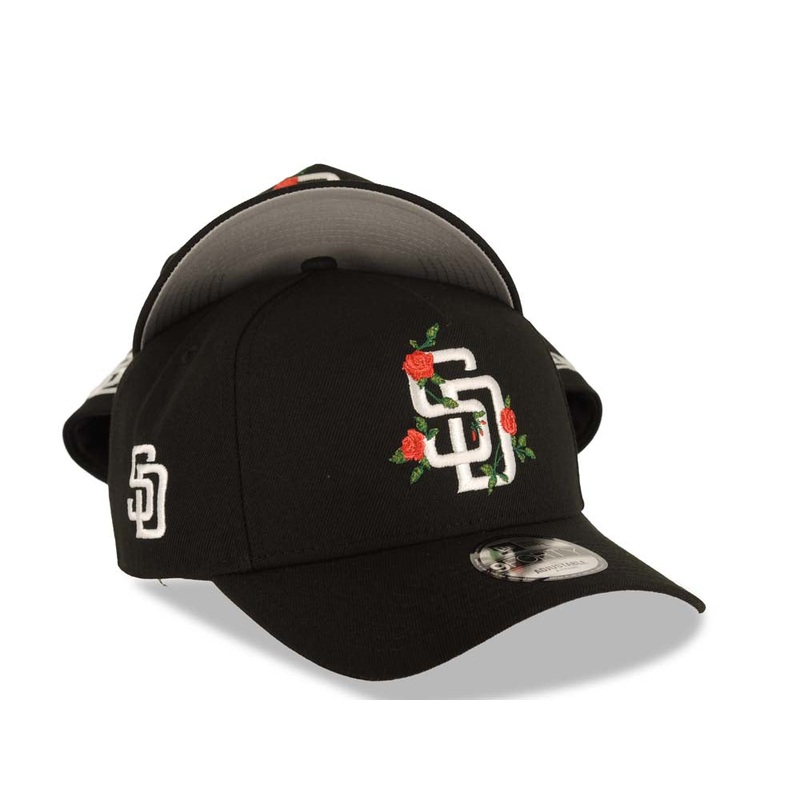 San Diego Padres New Era MLB 9FORTY 940 Adjustable A-Frame Cap Hat Black Crown/Visor White Logo With Rose Gray UV