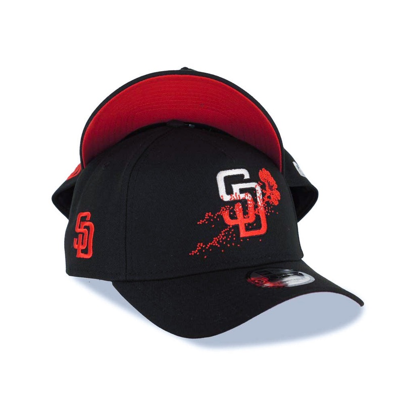 San Diego Padres New Era MLB 9FORTY 940 Adjustable A-Frame Cap Hat Black Crown/Visor White/Red Logo With Dotted Flower Red UV