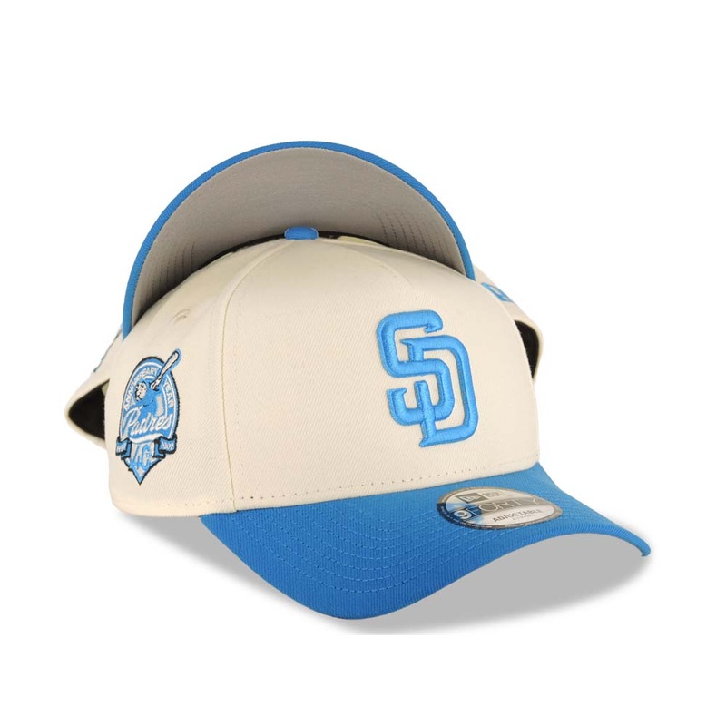 San Diego Padres New Era MLB 9FORTY 940 Adjustable A-Frame Cap Hat Cream Crown Light Blue Visor Blue Logo 40th Anniversary Side Patch Gray UV
