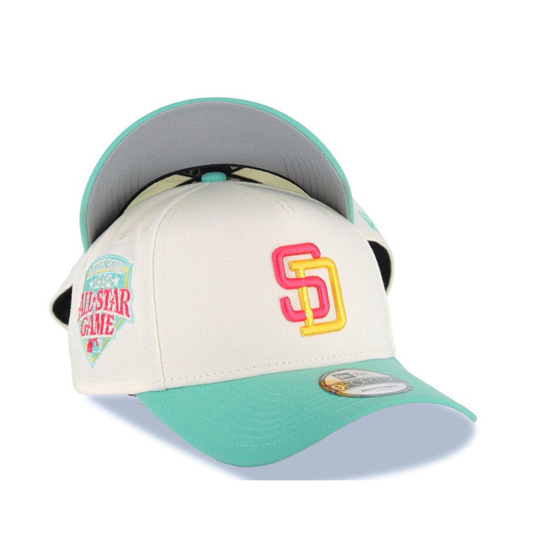 San Diego Padres New Era MLB 9FORTY 940 Adjustable A-Frame Cap Hat Cream Crown Light Teal Visor Magenta/Yellow Logo 1992 All-Star Game Side Patch