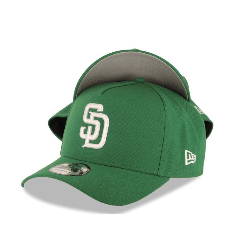 San Diego Padres New Era MLB 9FORTY 940 Adjustable A-Frame Cap Hat Green Crown/Visor White Logo Gray UV