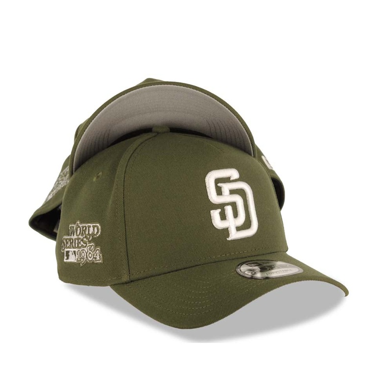 San Diego Padres New Era MLB 9FORTY 940 Adjustable A-Frame Cap Hat Olive Green Crown/Visor White Logo 1984 World Series Side Patch Gray UV
