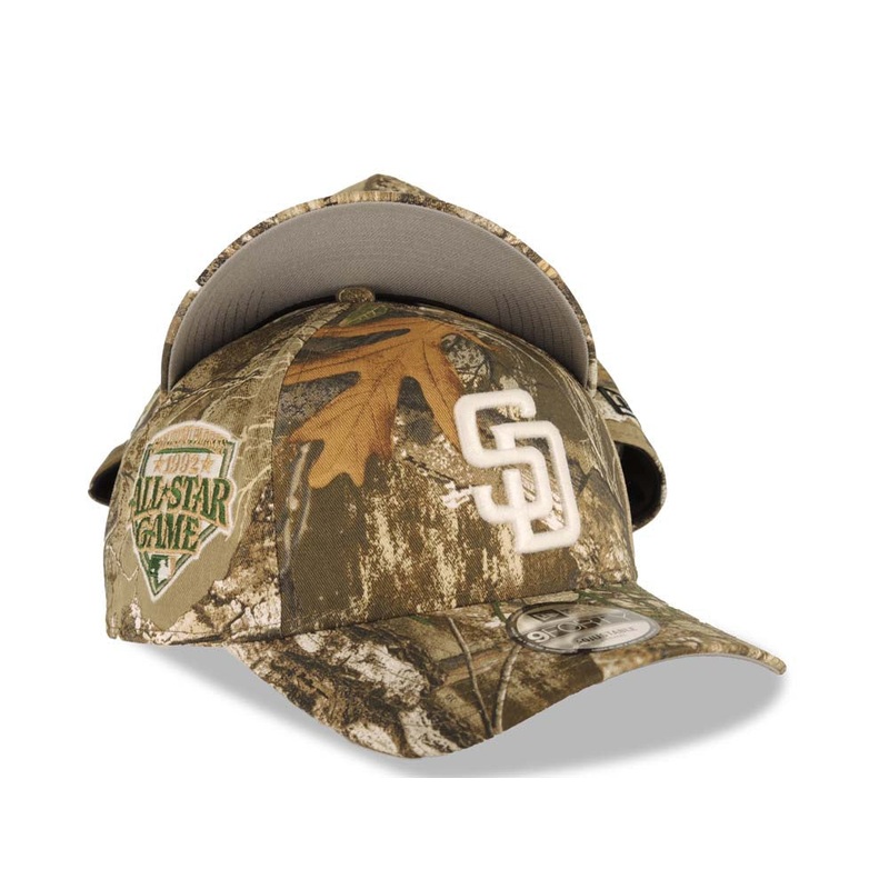 San Diego Padres New Era MLB 9FORTY 940 Adjustable A-Frame Cap Hat Real Tree Edge Camo Crown/Visor White Logo 1992 All-Star Game Side Patch Gray UV