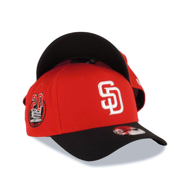 San Diego Padres New Era MLB 9FORTY 940 Adjustable A-Frame Cap Hat Red Crown Black Visor White Logo 20th Anniversary Petco Park Side Patch